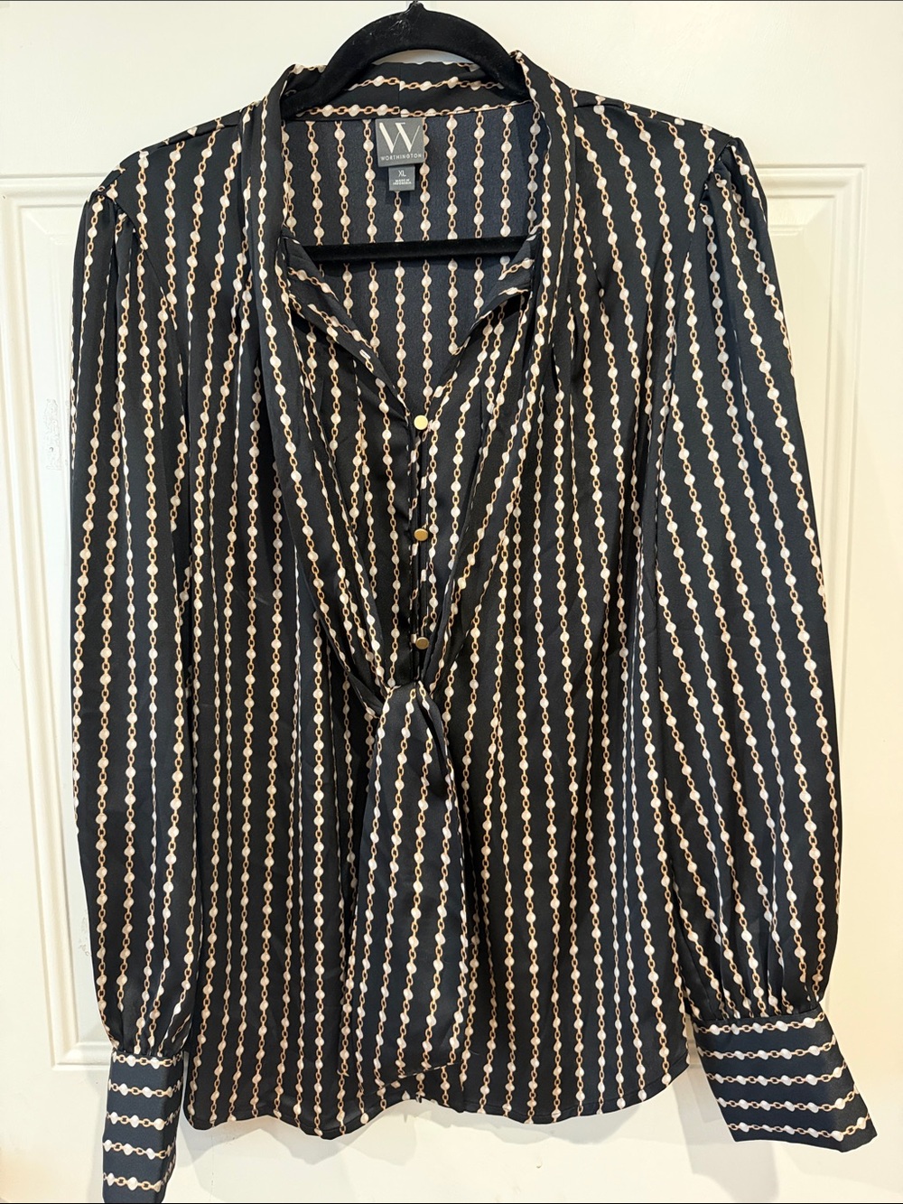 Worthington Black & Cream Chain-Print Tie-Front Blouse
